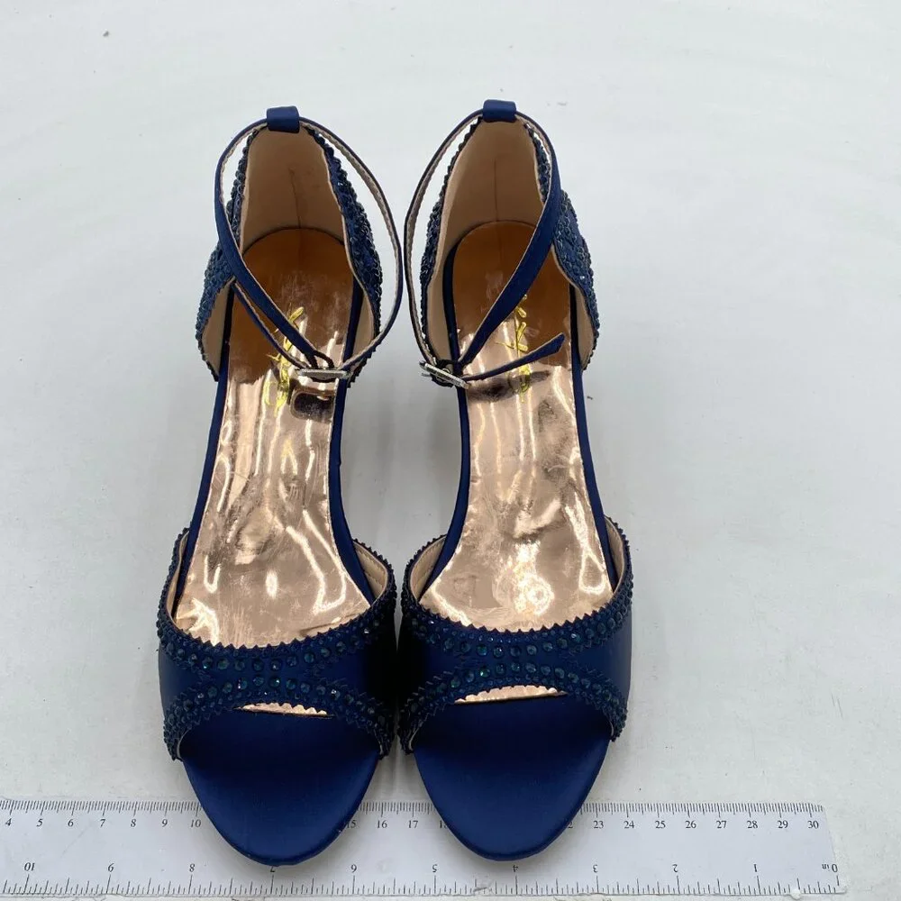 XYD Navy Peep Toe D'Orsay Embellished Kitten Heels With Ankle Strap